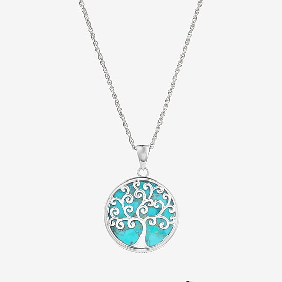 Tree Of Life Womens Blue Turquoise Sterling Silver Round 18 Inch Pendant Necklace
