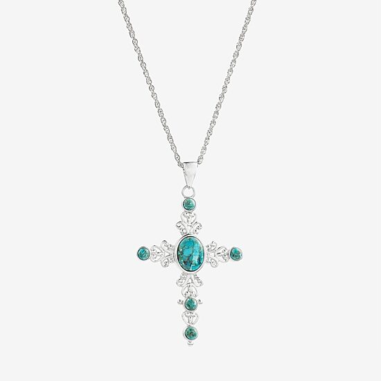 Womens Blue Turquoise Sterling Silver Cross 18 Inch Pendant Necklace