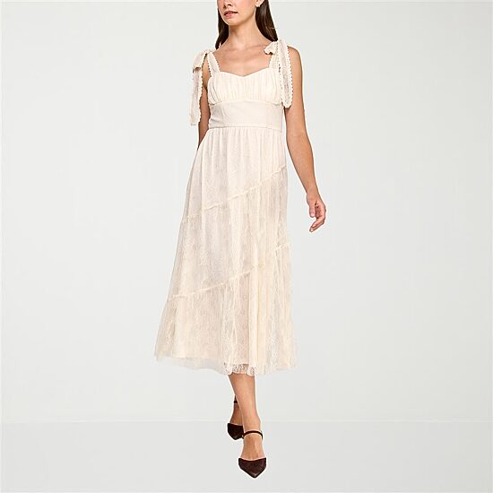 Trixxi Womens Juniors Midi Sweetheart Neck Sleeveless Floral A-Line Dress