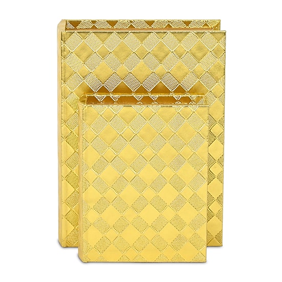 Cheungs Gold Vinyl Diamond Checkered Pattern Book Box Set 2-pc. Decorative Box
