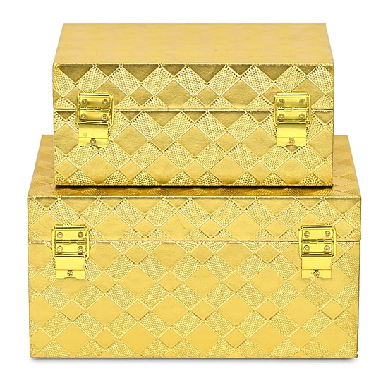 Cheungs Gold Vinyl Diamond Checkered Pattern Box Set Jewelry Organizer