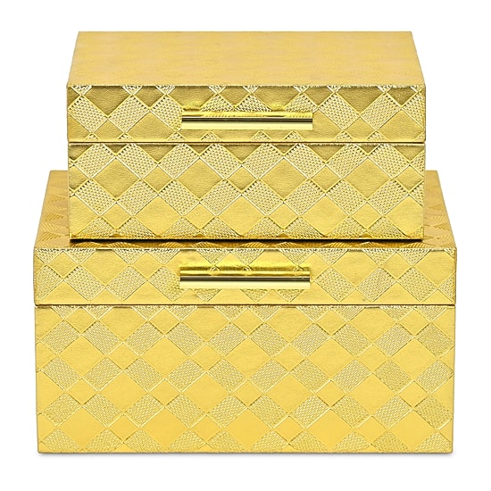 Cheungs Gold Vinyl Diamond Checkered Pattern Box Set Jewelry Organizer