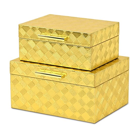 Cheungs Gold Vinyl Diamond Checkered Pattern Box Set Jewelry Organizer