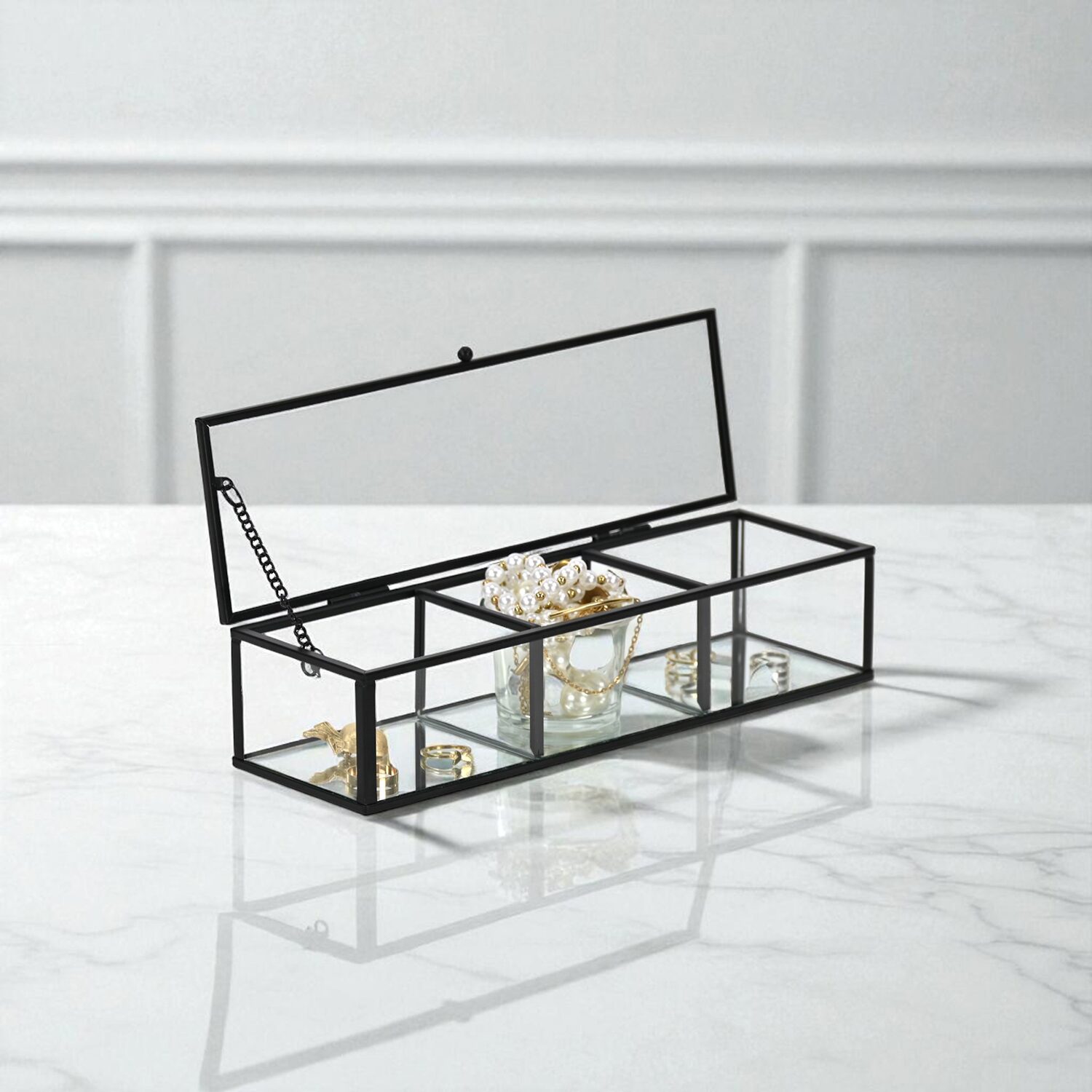 Cheungs Mirrored Glass Box With Three Compartments Jewelry Organizer