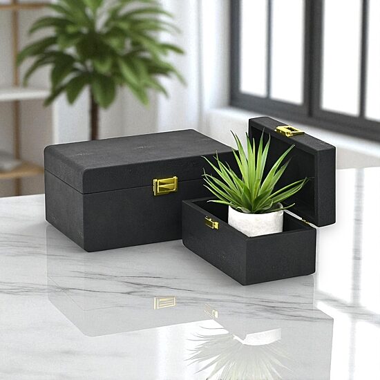 Cheungs Black Rounded Shagreen Vinyl Box Set With Gold Handles Black Jewelry Organizer