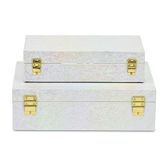 Cheungs White Seascale Pattern Iridescent Box Set With Gold Hardware White Jewelry Organizer