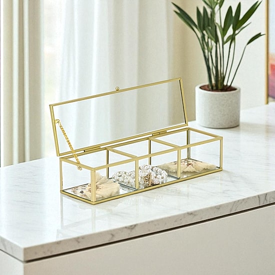 Cheungs Mirrored Glass Box With Three Compartments Jewelry Organizer