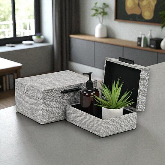 Cheungs Gray Snakeskin Themed Vinyl Box Set With Black Handles Jewelry Organizer