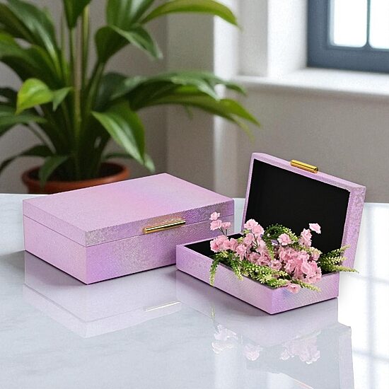Cheungs Pink Seascale Pattern Iridescent Box Set With Gold Hardware Jewelry Organizer