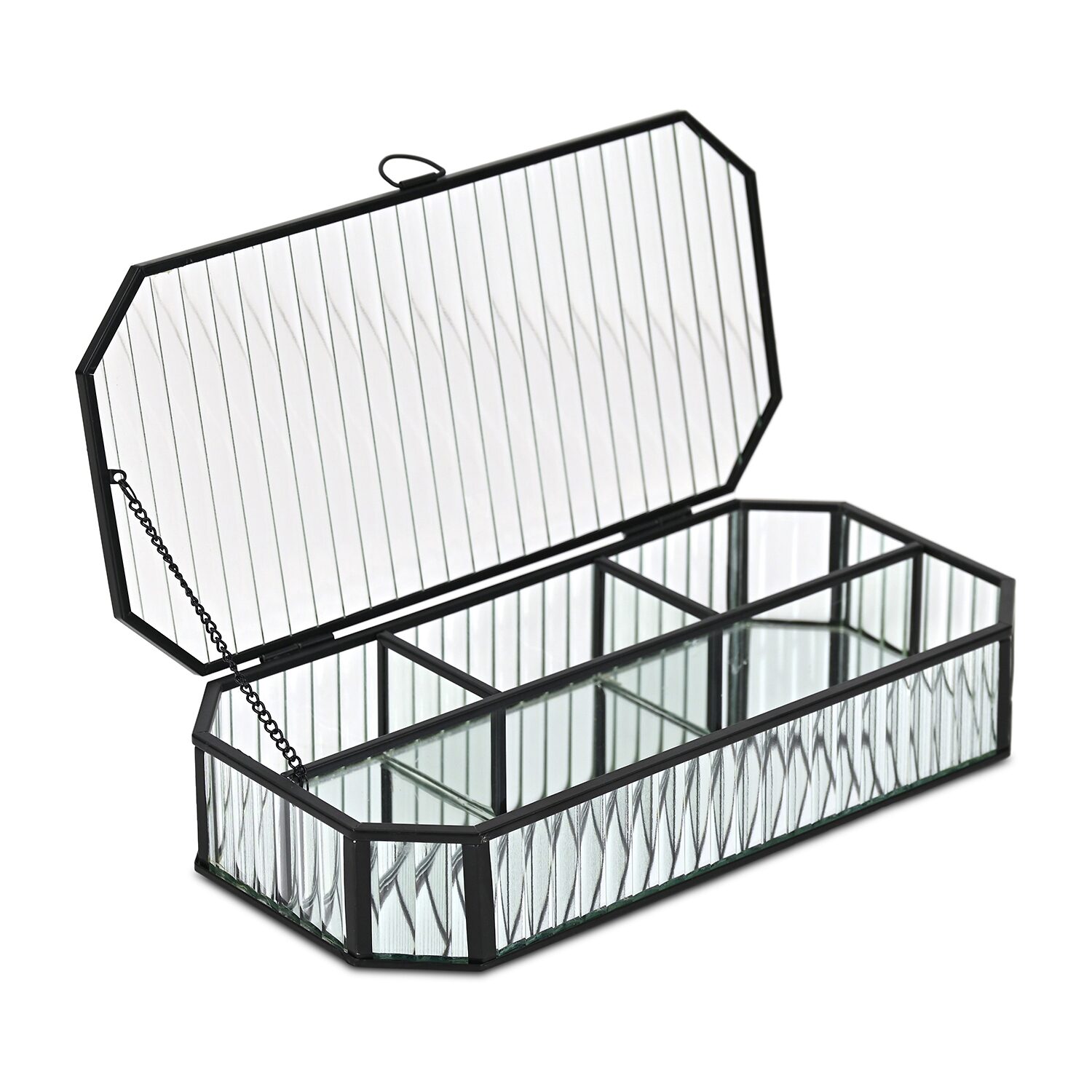 Cheungs Fluted Glass Mirrored Box With Four Compartments Jewelry Organizer