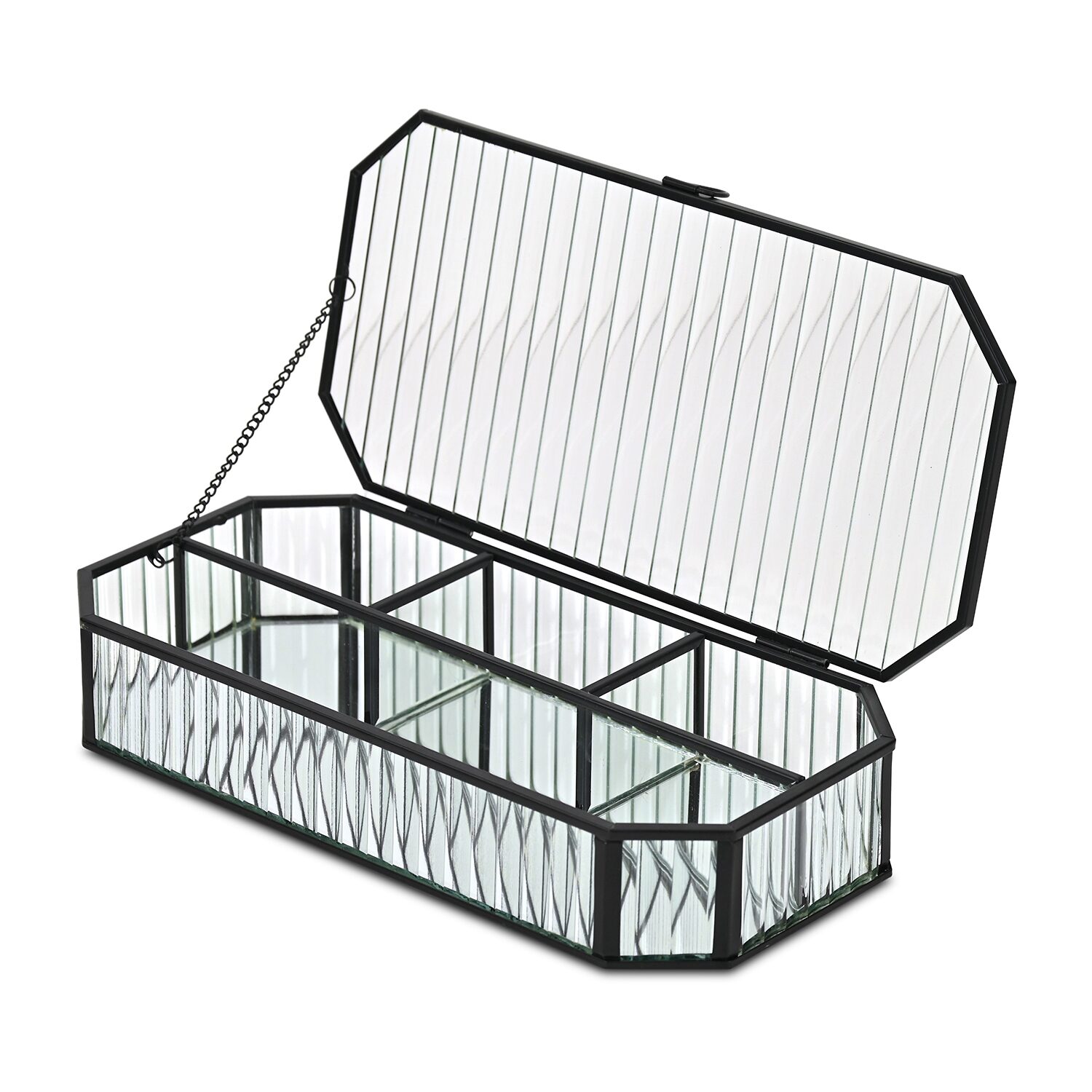 Cheungs Fluted Glass Mirrored Box With Four Compartments Jewelry Organizer