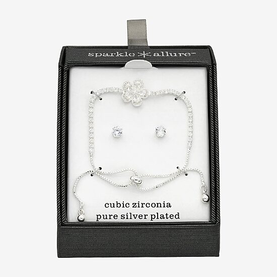 Sparkle Allure Womens Cubic Zirconia Pure Silver Over Brass Flower 2-pc. Jewelry Set
