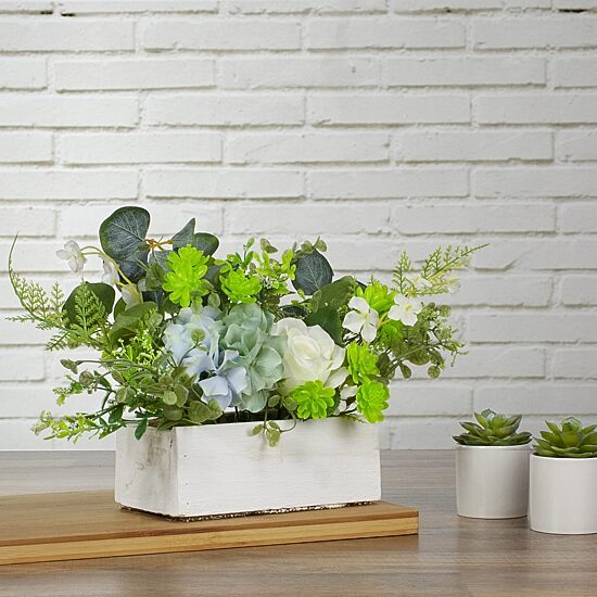 Northlight 14in Blue And White Hydrangea And Rose Floral Arrangement