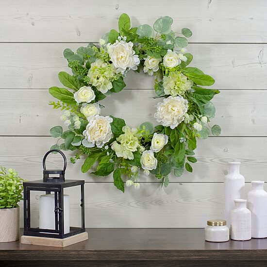 Northlight 23in Hydrangea And Ranunculus Eucalyptus Green And Cream Wreath