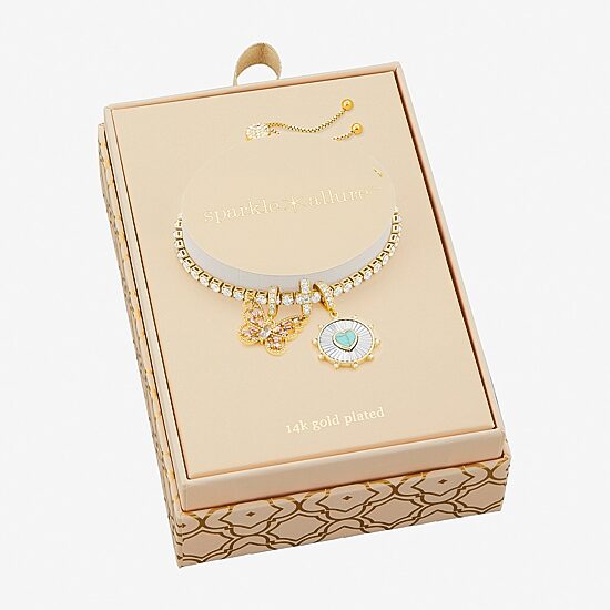 Sparkle Allure Womens Multi Color Cubic Zirconia 14K Gold Over Brass Heart Charm Bracelet