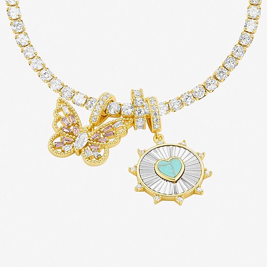 Sparkle Allure Womens Multi Color Cubic Zirconia 14K Gold Over Brass Heart Charm Bracelet