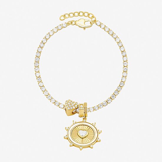 Sparkle Allure Womens White Cubic Zirconia 14K Gold Over Brass Heart Charm Bracelet