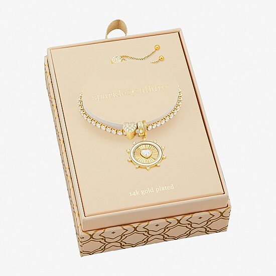 Sparkle Allure Womens White Cubic Zirconia 14K Gold Over Brass Heart Charm Bracelet