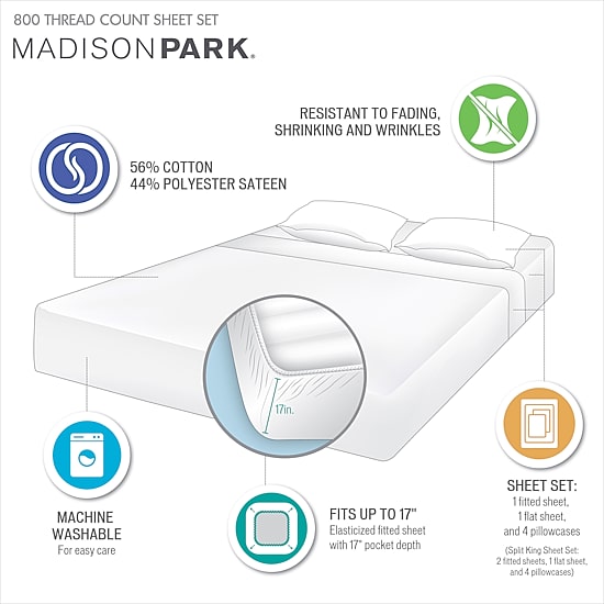 Madison Park 800tc Sateen Easy Care Wrinkle Resistant Sheet Set