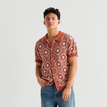 Arizona Mens Short Sleeve Button Polo Sweater, Color: Fierce Coral