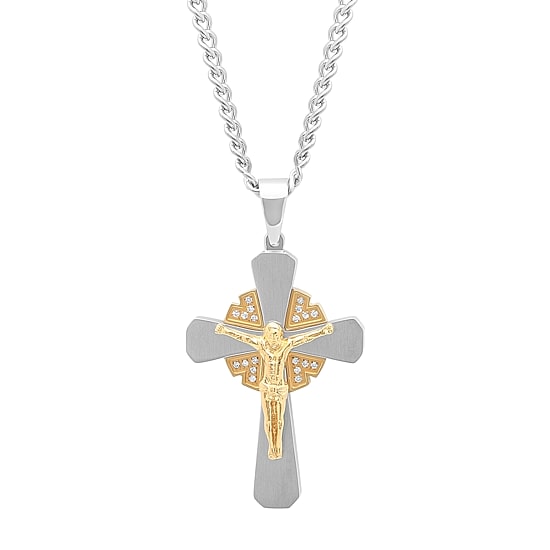 1/10 CT. T.W. White Diamond Stainless Steel Crucfix Pendant Necklace