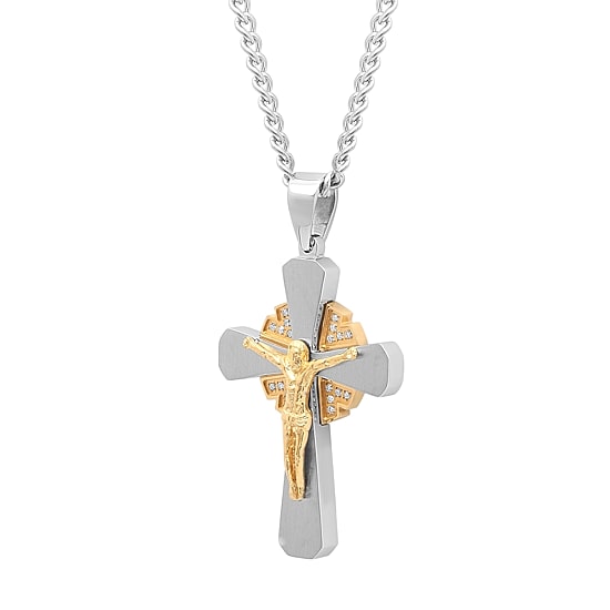 1/10 CT. T.W. White Diamond Stainless Steel Crucfix Pendant Necklace