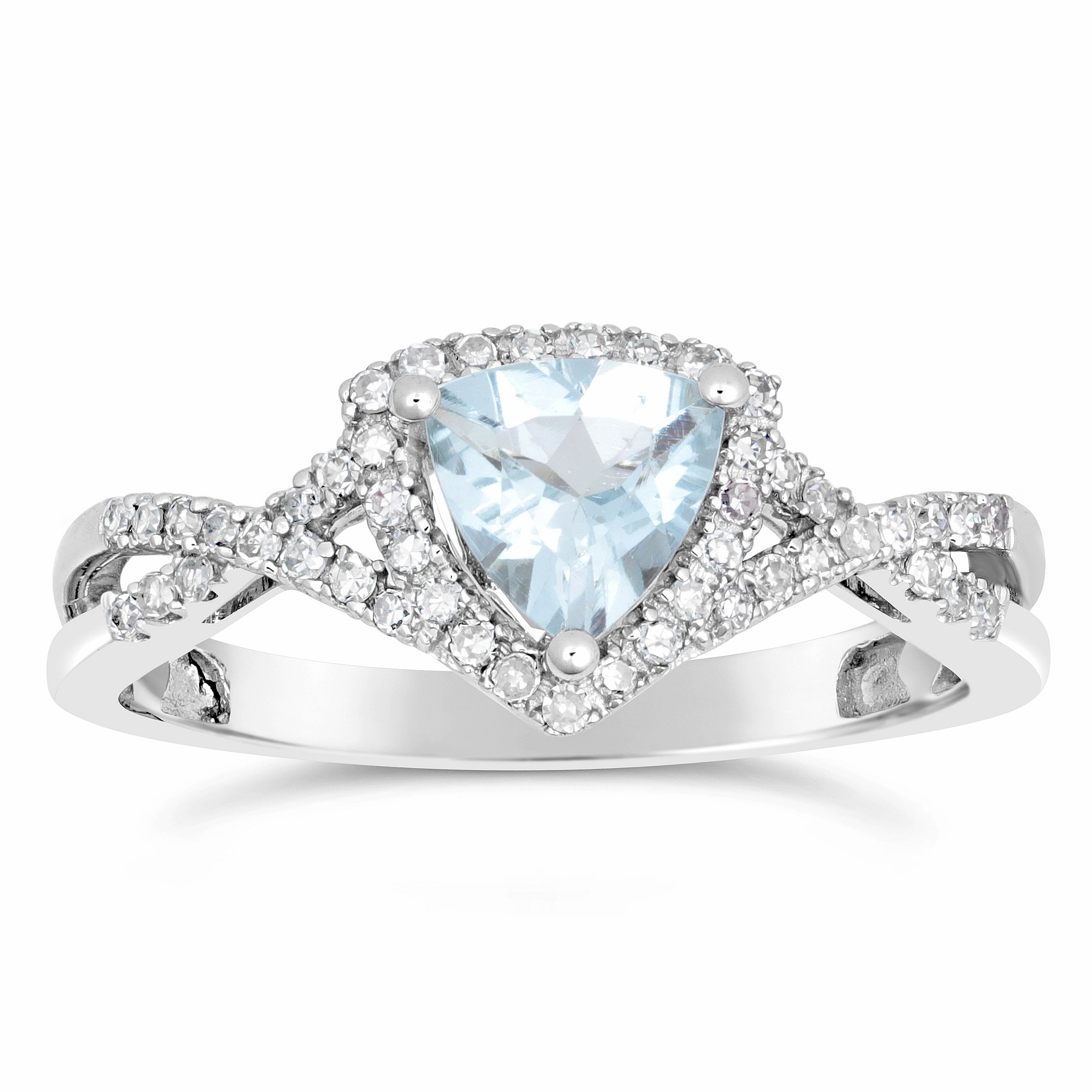 Womens 1/5 CT. Genuine Blue Aquamarine 10K Gold Halo Crossover Cocktail Ring
