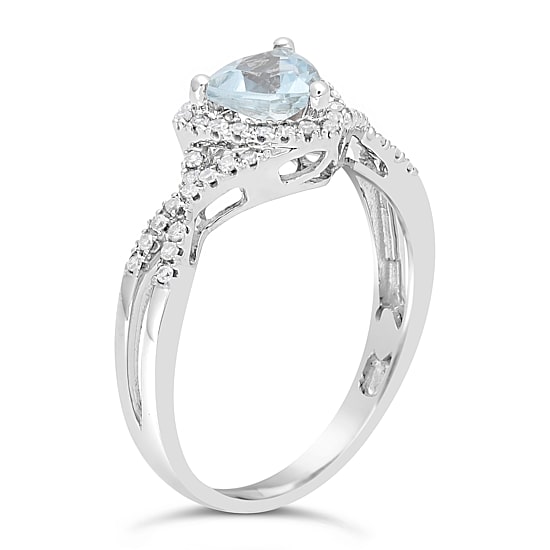 Womens 1/5 CT. Genuine Blue Aquamarine 10K Gold Halo Crossover Cocktail Ring