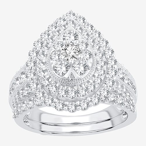 Womens 2 CT.T.W. Natural Diamond 10K or 14K Gold Pear Side Stone Halo Bridal Set, 9, White