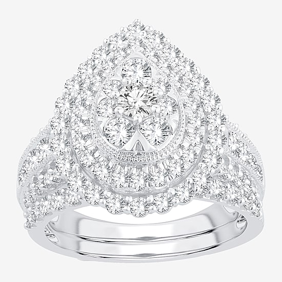 Womens 2 CT.T.W. Natural Diamond 10K or 14K Gold Pear Side Stone Halo Bridal Set