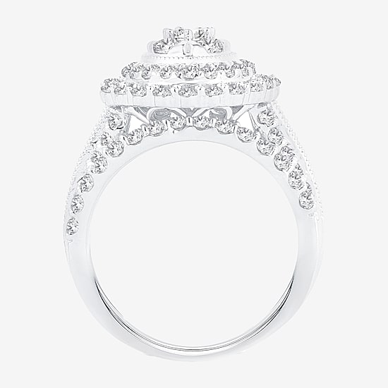 Womens 2 CT.T.W. Natural Diamond 10K or 14K Gold Pear Side Stone Halo Bridal Set