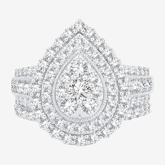 Womens 2 CT.T.W. Natural Diamond 10K or 14K Gold Pear Side Stone Halo Bridal Set