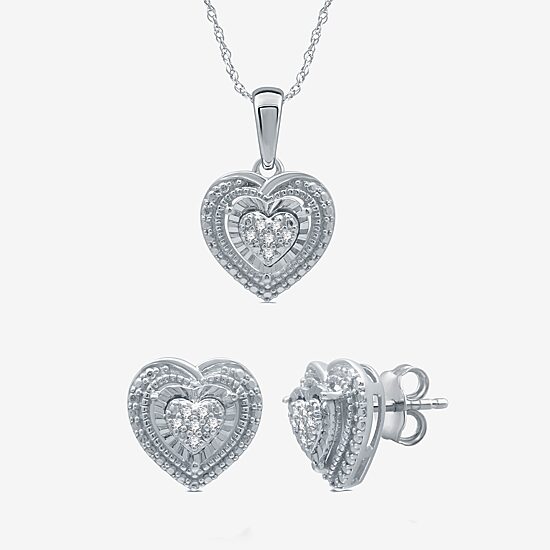 Womens 1/10 CT. T.W. Natural White Diamond Sterling Silver Heart 2-pc. Jewelry Set