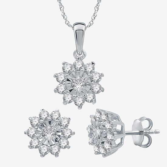 Womens 1 CT. T.W. Natural White Diamond Sterling Silver Flower 2-pc. Jewelry Set