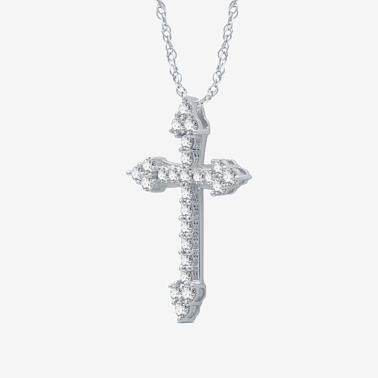 Womens 1 CT. T.W. Natural White Diamond Sterling Silver Cross 18 Inch Pendant Necklace