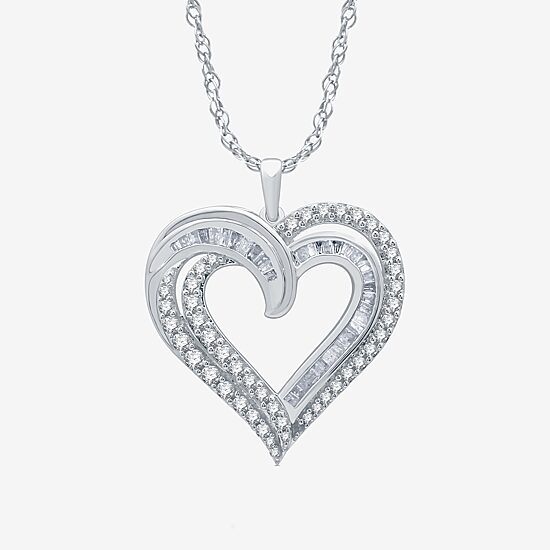Womens 1 CT. T.W. Natural White Diamond Sterling Silver Heart 18 Inch Pendant Necklace