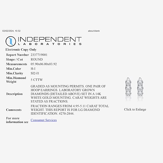 (H-I / Si2-I1) Womens 5 CT. T.W. Lab Grown White Diamond 14K Gold 18.9mm Hoop Earrings