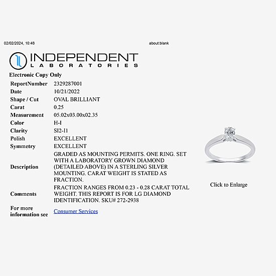 I Said Yes (H-I / Si2-I1) Womens 1/4 CT. Lab Grown White Diamond Sterling Silver Oval Solitaire Engagement Ring