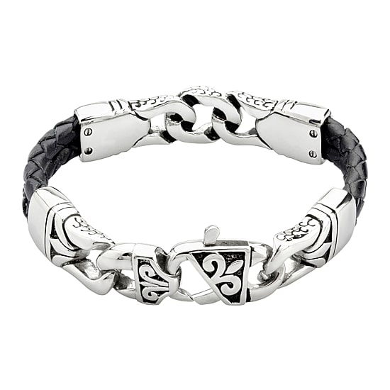 Mens Black Leather and Stainless Steel Chain Bracelet