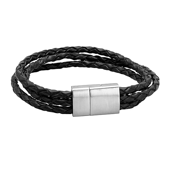 Mens Black Braided Leather and Stainless Steel Bracelet