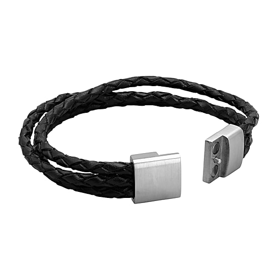 Mens Black Braided Leather and Stainless Steel Bracelet