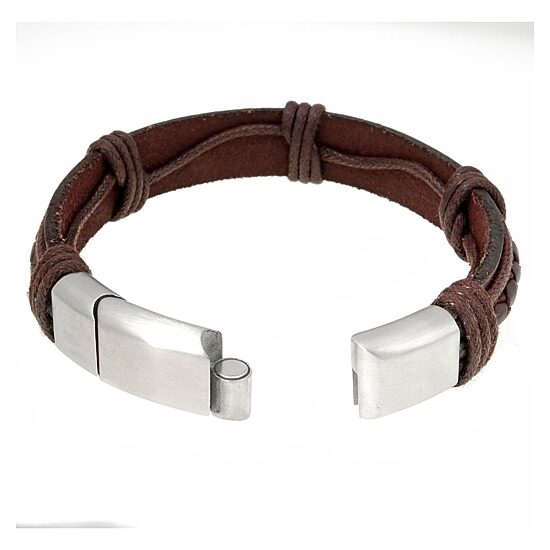 Mens Brown Leather Stainless Steel Bracelet