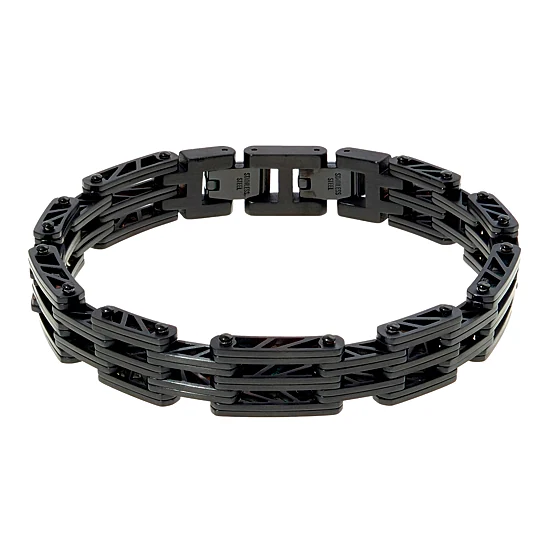 Mens Black IP Stainless Steel Bridge Bracelet with Lock Extender