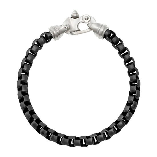 Mens Black IP Stainless Steel Round Box Chain Bracelet with Fancy Clasp