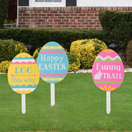 Glitzhome 3pk 15" Wooden Egg Yard Stake Easter Yard Art