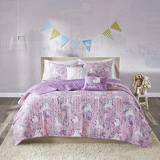 Intelligent Design Ella Unicorn Reversible 100% Cotton Quilt Set With Throw Pillows