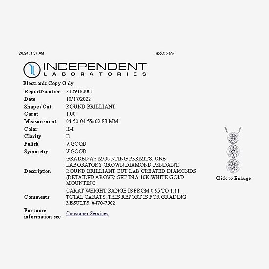 Linear 3-Stone (H-I / I1) Womens 1 CT. T.W. Lab Grown White Diamond 10K Gold Round 18 Inch Pendant Necklace