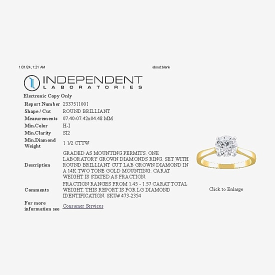 (H-I / Si2) Womens 1 1/2 CT. Lab Grown White Diamond 14K Gold Round Solitaire Engagement Ring