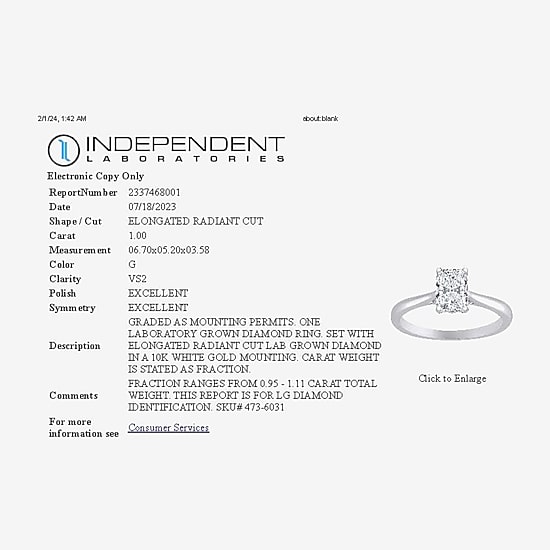 1 CT. Lab-Grown (G / VS2)  Diamond Radiant-cut Solitaire Engagement Ring in 10K Gold