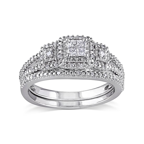 1/4 CT.T.W. Natural Diamond Sterling Silver 3-Stone Bridal Ring Set